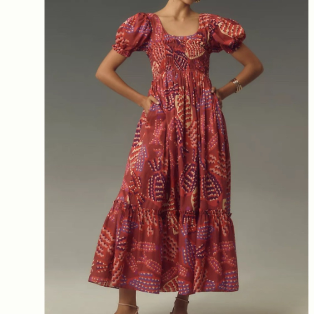 NWT Farm Rio x Anthropologie Puff-Sleeve Smocked Maxi Dress